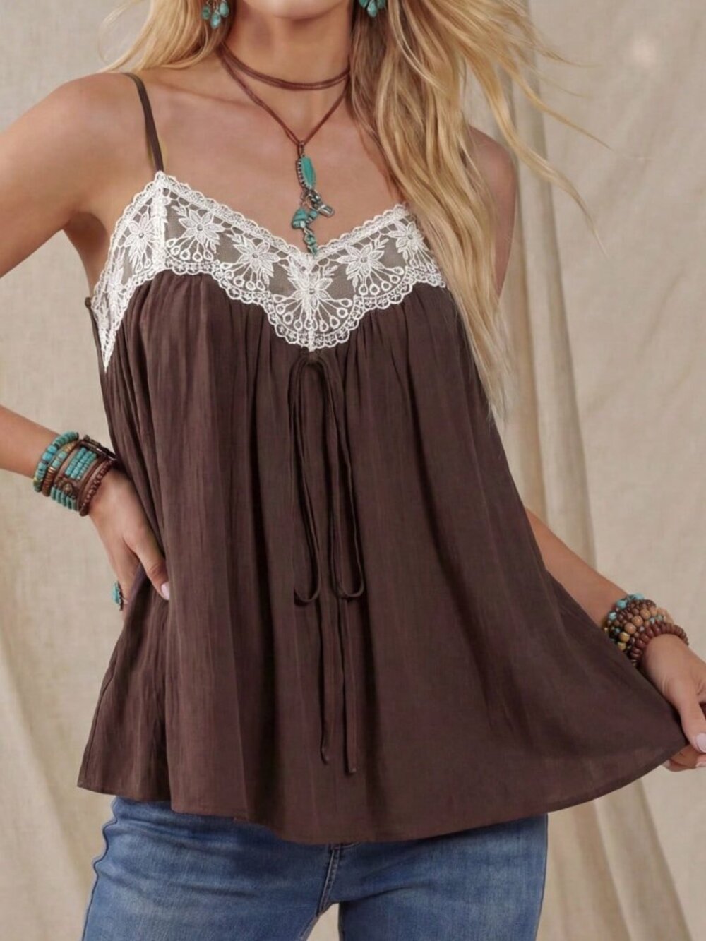 Multicolor Casual Boho Women's Lace Color Block Sleeveless Tank Top - Picture 7 of 9